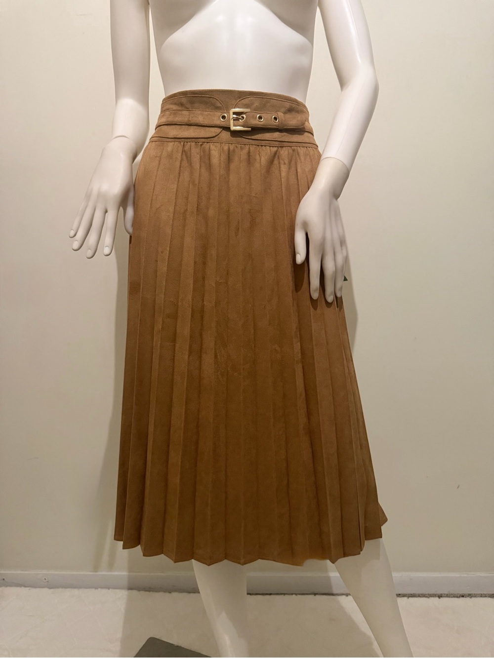 Pleated Midi Skirt with Belt in Tan